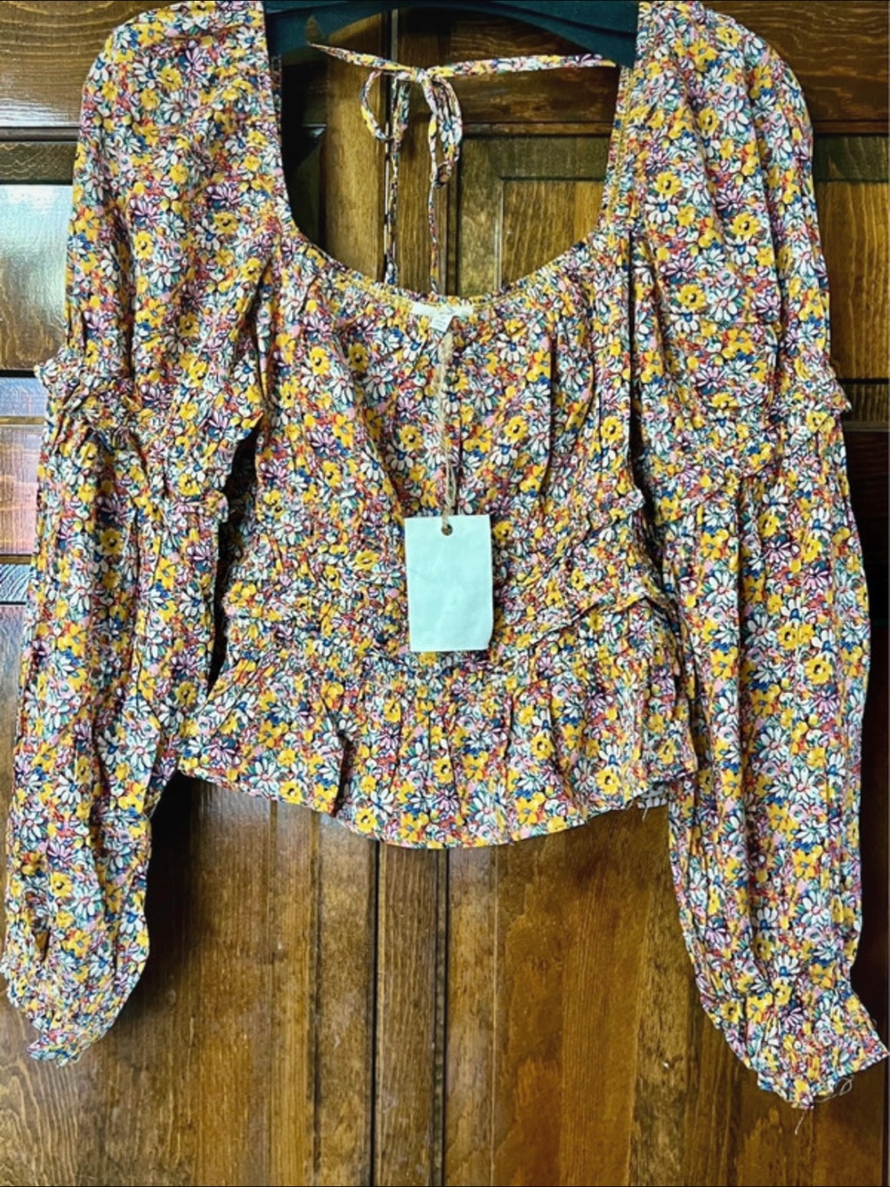 easel Yellow Multi Floral Peplum Long-Sleeve Blouse